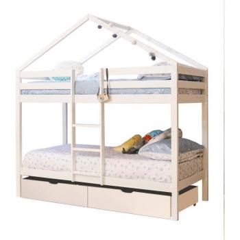 Litera Casita Con Estantería y Cajones Dobles – Madera Blanca 90x190