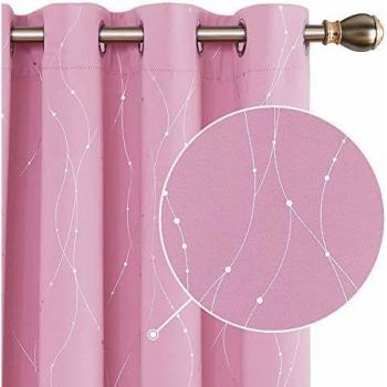 Deconovo Super Soft Dotted Line Foil Printed Thermal Insulated Window Treatment Kids Curtains Eyelet Blackout Curtains for Bedroom with Two Matching Tie Backs 46 x 54 Inch Pink Two Panels