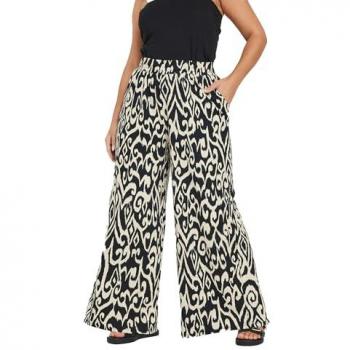 Women's Black Abstract Wide‑Leg Slacks
