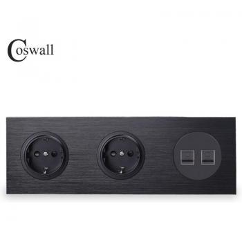 Coswall Black Aluminum 16A Double Wall Socket with Dual CAT5E RJ45 Internet Jacks