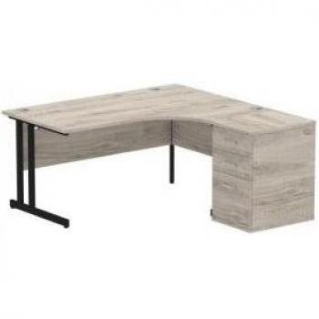 Dynamic Right Hand Crescent Desk, 1600mm Width, 1200mm Depth, 730mm Height, Grey Oak, Black Frame, 600mm Pedestal