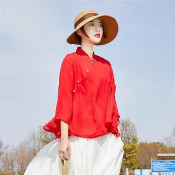 Top de mujer estilo chino, cuello alto, color sólido, mezcla de lino y algodón, Hanfu moderno, colección primavera y otoño 2022