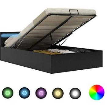 Cama Estilo Moderno Hidráulica com LED e Compartimento 140x200cm Couro Preto