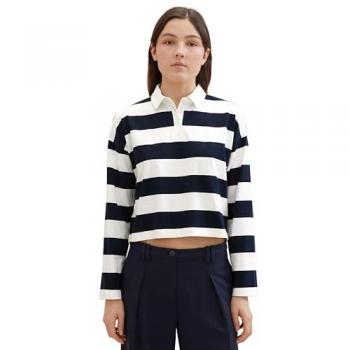 TOM TAILOR Denim Langarm-Poloshirt, mit Streifen und Polokragen, extra kurz