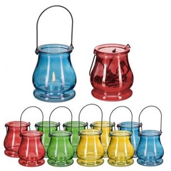 Portavelas de cristal multicolor para té, set de 12, con asa, Relaxdays, 9,5x8,5 cm