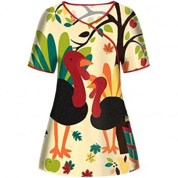 Nursing Overalls V-Neck Short Sleeve Thanksgiving Print