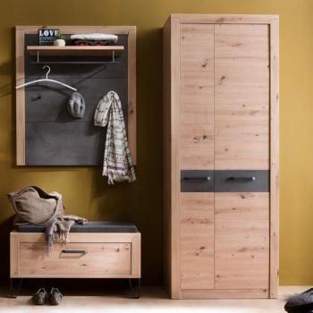 Lomadox Flurmöbel Set IOLA-05, 3-teilig, Eiche-Grau, inkl. Garderobenbank und Paneel
