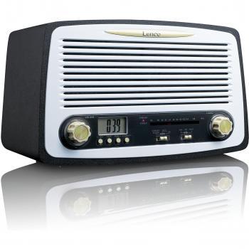 SR‑02 Lenco Vintage Stereo – UKW Tuner, LCD, Weckfunktion, Holzgehäuse, schwarz/weiss