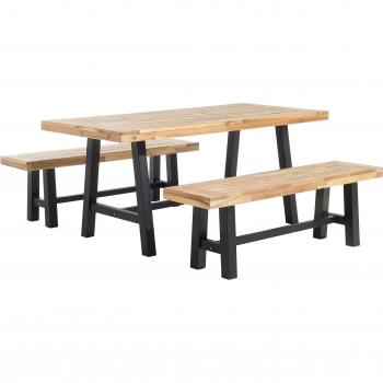 Conjunto de comedor de jardín 3 piezas madera de acacia clara patas negras mesa rectangular 2 bancos