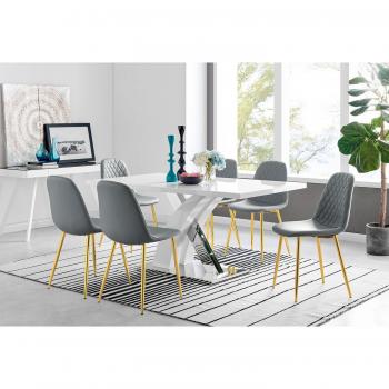 Atlanta Modern High Gloss White Rectangle Dining Table with 6 Gold Corona Chairs Set