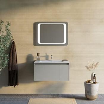 Kiamami Valentina – Armoire de Toilette Murale Sable Mat 80 cm – Miroir 80×60 LED – Monaco