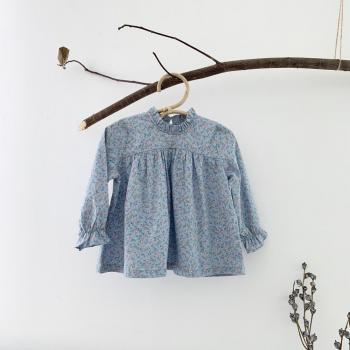 Blouse automne fille bleu fleurs
