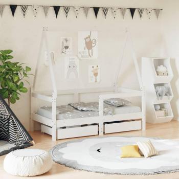 Cadre de lit 1 place Prolenta Premium : 70x140 cm, pin massif, couleur blanche, tiroirs