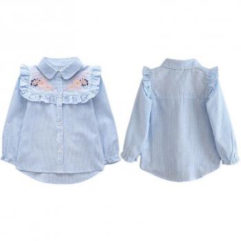 Long Sleeve Blue Blouse with Ruffles for Girls 2-6