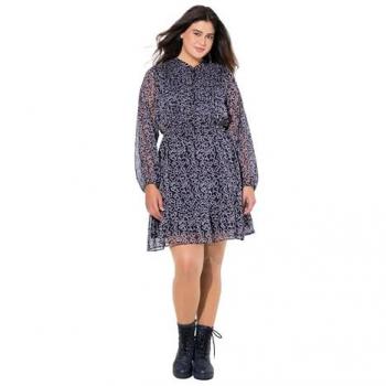 Ulla Popken Damen Sommerkleid, große Größen, A-Linie, Langarm, Tunika-Ausschnitt, blau