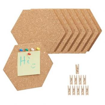 Set di 14 Tavolette Esagonali in Sughero con Puntine e Mollette, 17,5x20x0,5 cm, Naturale