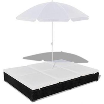 Lettino da Sole con Ombrellone in Polyrattan Nero