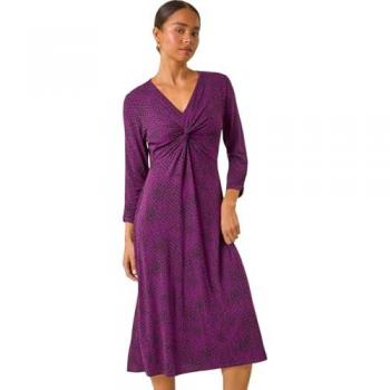 Robe midi courte violette twist devant V-neck
