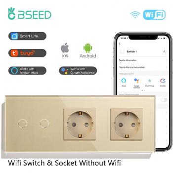 BSEED 1/2/3 Gang Smart WiFi Switch with Double EU Sockets, Alexa & Google Home Support