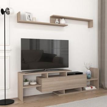 Structure TV Liksefte : meuble avec étagères murales, effet chêne (153,5x27,5x42)