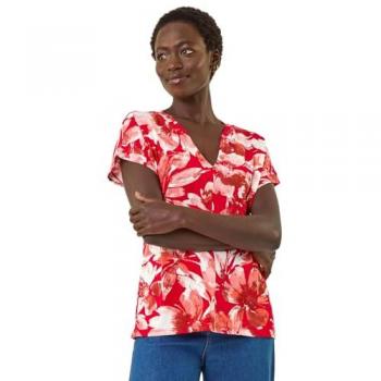 Women’s Roman Floral Print T-Shirt – Size 20, Red
