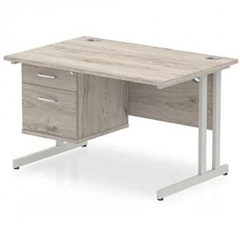 Impulse 1200x800mm Desk in Grey Oak and Silver with Cantilever Legs and Fixed Pedestal