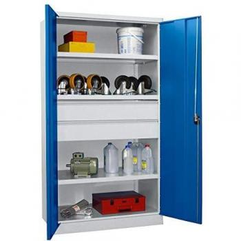 Armadio grigio/blu con 3 ripiani e 2 cassetti