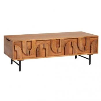 Mesa de centro natural MIZORAM con estructura de metal negro y cajones de madera