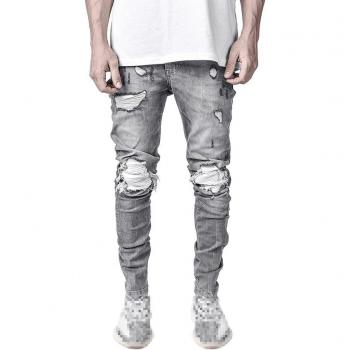 Pantalones ajustados de hombre, estilo Hip Hop, rasgados y grises