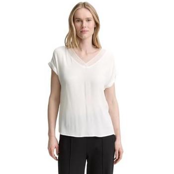 TOM TAILOR Damen V‑Ausschnitt Bluse – Kurzarm, White – Uni – Gr. 38 – Baumwolle + Viskose