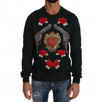 Dolce & Gabbana Green Crystal Heart Roses Gun Sweater