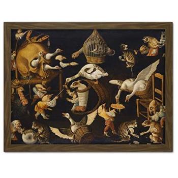 Artery8 Master Egg Painting – Grotesque Animals (Cats/Birds), Brown Frame (18x24)