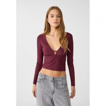 Stradivarius Langarmshirt mit Schnalle und V-Ausschnitt Granatrot XS