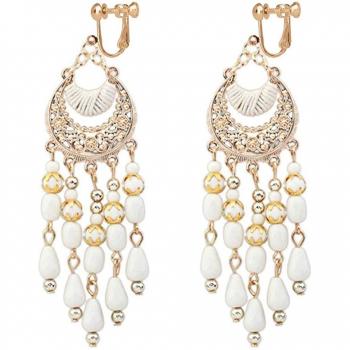 Boucles d'oreilles à clips ethniques dorées avec gland