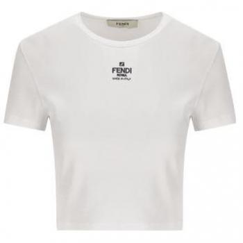 Fendi Women's White Cropped T-Shirt with Logo