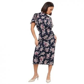 Dark Navy Petite Floral Mesh Wrap Dress (Size 8)