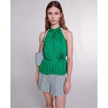 Maje Green Pleated Satin Top