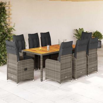Set Giardino Bistrò 9 pz con Cuscini in Polyrattan Grigio