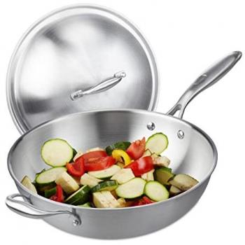 Pan Relaxdays – Wok 32 cm en Acier Inox – Couvercle Transparent – Compatible Induction / Gaz / Électrique