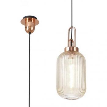 Suspension design 1 ampoule en verre ribbé tubulaire Cuivre champagne et noir mat