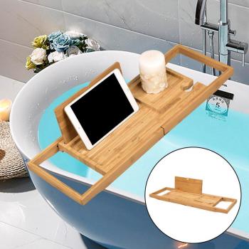 Wooden Bathtub Shelf with Wine Holder and Book/Tablet Stand