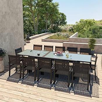 Extensible Table de Salon Extérieur Avril Paris Aluminium 200/320cm + 12 Chaise Textilène Noir – Hara XXL