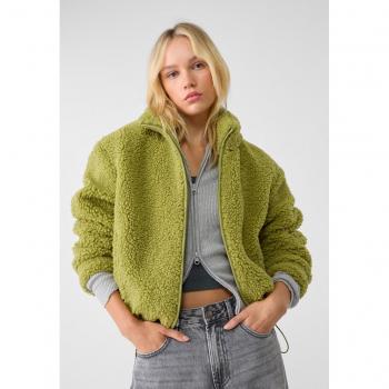 Pistachio Green Zip-Up Faux Shearling Jacket XS
