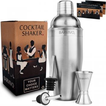 BARVIVO Premium 700ml Cocktail Shaker Kit, Brushed Design, Double Jigger and Dual Liquor Pourers Included