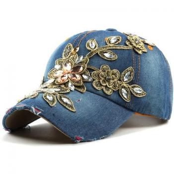 Rhinestone Embellished Denim Cap for Women