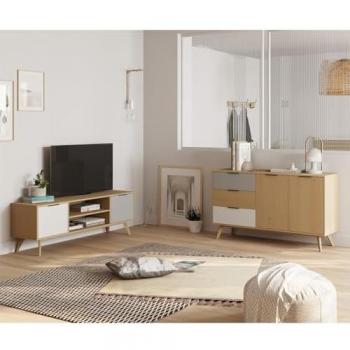 Pack Meuble TV Scandinave 140cm + Buffet 140cm 2 Portes en Pin Massif