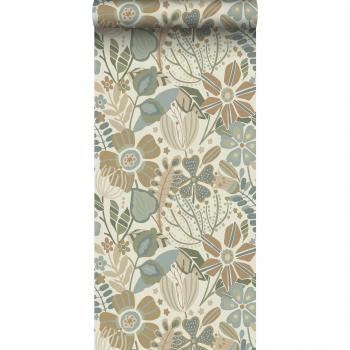 Papier peint motifs floraux beige, bleu et vert ESTAhome