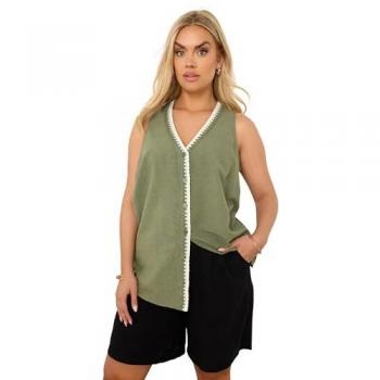 Yours Blank Stitched Linen Vest Top – Light Khaki, 16