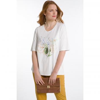 Plus Size Floral Print Glitter Stud Stretch T-Shirt, Women, Beige, Size 16/18, Viscose
