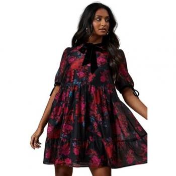 Oasis Occasion Floral Organza Velvet Trim Smock Dress Black 10,8,6 female